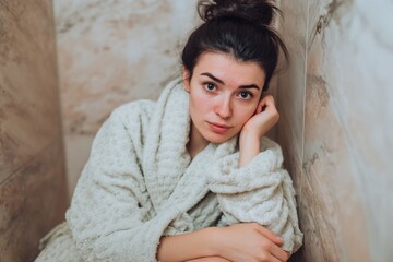 Fototapeta premium Serene Eurasian woman in cozy bathrobe, introspective in quiet solitude, capturing Hygge essence and Day of Silence mood