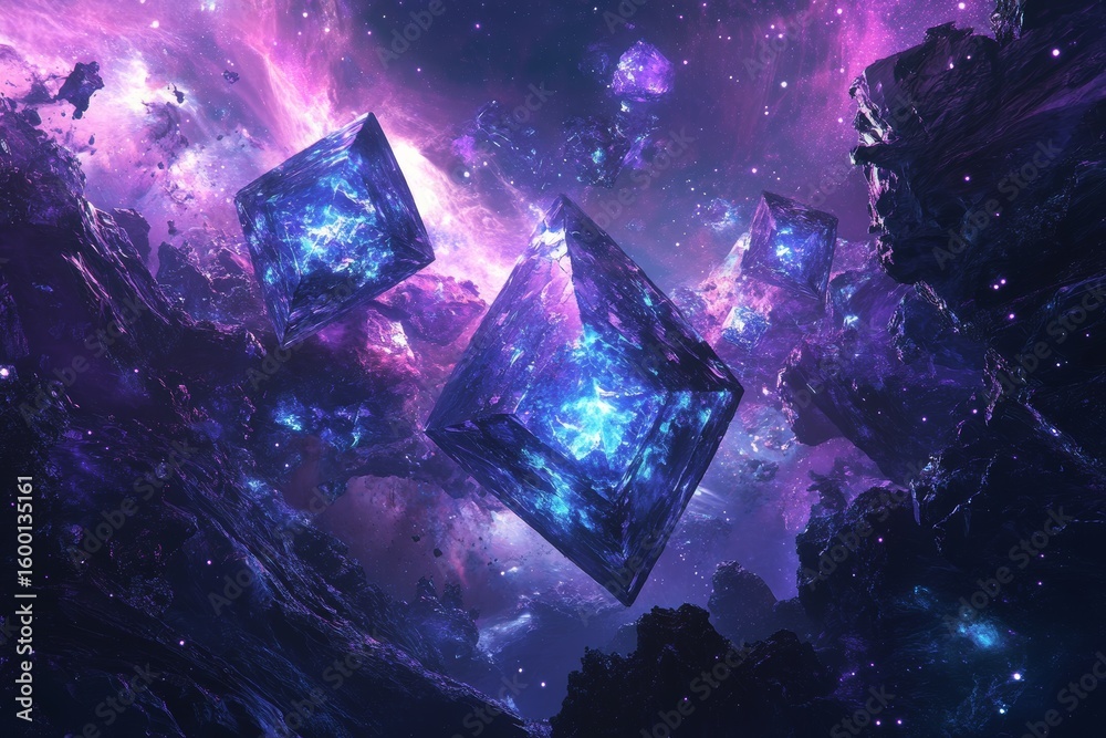 Poster space scene with a blue cube in the middle and three other cubes surrounding it. the cubes are float