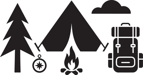 Camping scene with tent backpack campfire tree and compass vector