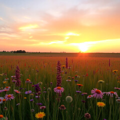 Obraz premium Panoramic floral landscape with rich colors and clear blue sky 