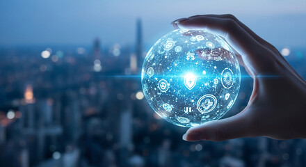 Hand holding glowing sphere with digital icons, representing global network, security, and innovation against blurred city backdrop, showcasing technology and connection