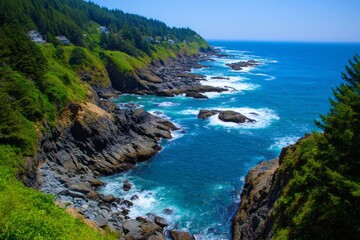 Fototapeta premium Majestic coastal cliffs embrace the azure waves, perfect for Imbolc reflections and maritime folklore celebrations, whispering timeless secrets