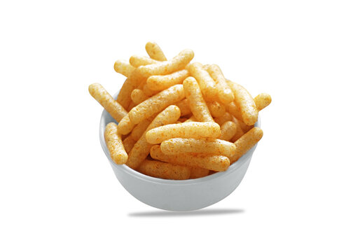 Fried and Spicy Stick, Sali Sev, noodles, Snacks or Fryums (Snacks Pellets) on bowl White background.