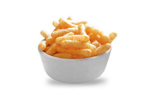 Fried and Spicy Stick, Sali Sev, noodles, Snacks or Fryums (Snacks Pellets) on bowl White background.