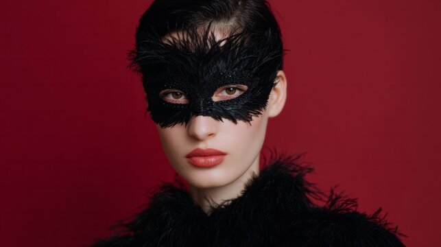 Mysterious masked figure in feathered elegance, embracing Carnival allure and the enigmatic aura of Venetian intrigue, crimson backdrop