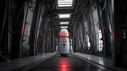 A cute robot with glowing red eyes navigates a futuristic corridor, surrounded by metallic walls and intricate machinery.