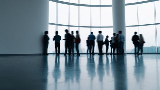 Silhouetted figures linger in minimalist atrium, conceptualizing urban solitude for World Architecture Day