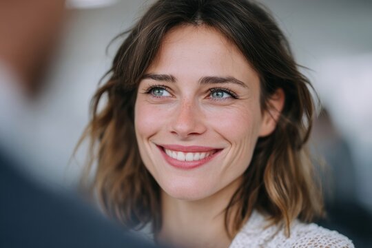 A smiling Caucasian woman exudes joyful enchantment, reminiscent of International Smile Power Day and World Kindness Week whispers - Powered by Adobe