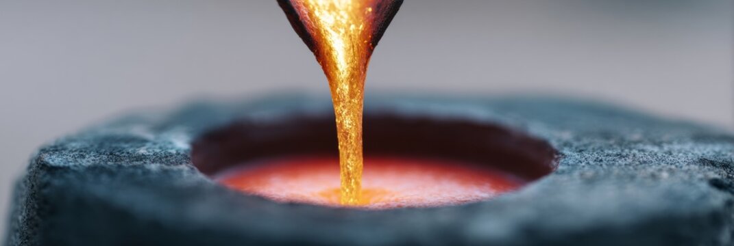 Molten metal cascades like liquid gold into a crucible, symbolizing the fiery heart of smithing during Hanukkah and Midsummer - Powered by Adobe