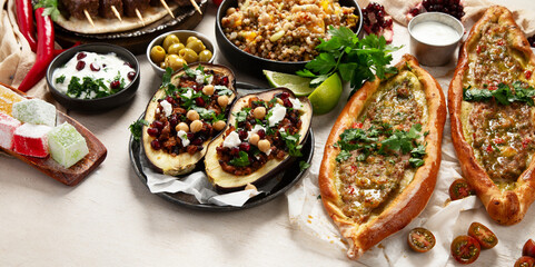 Assorted Turkish food and meze, tasty and healthy Mediterranean cuisine.