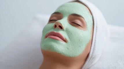 A serene woman with a rejuvenating green clay mask, spa tranquility, mindful relaxation, Self-Care Awareness Month escape