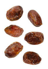 Whole dried dates arranged on a white background, ideal for illustrating natural sweeteners, healthy snacks, or Middle Eastern cuisine