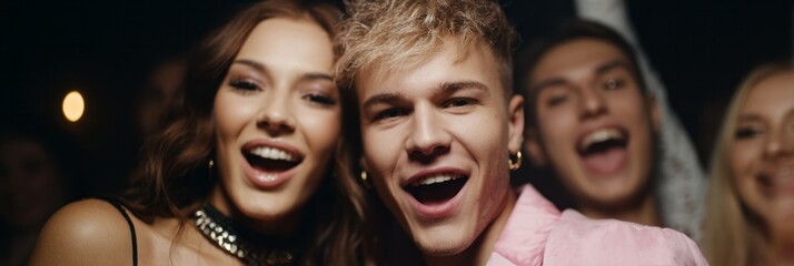 Obraz premium Ecstatic young friends revel in euphoric night, celebrating Dia de los Muertos with urban flair and joyful abandon