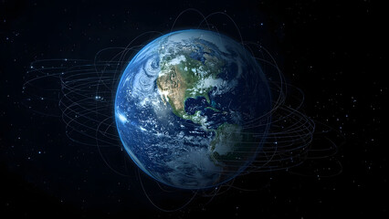 Naklejka premium Futuristic digital Earth with orbit lines, symbolizing tech, data, and global connectivity. 
