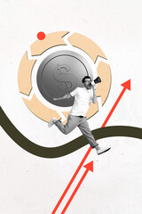 Trend composite sketch template 3D collage of young man run hand hold megaphone talk arrow up coin...