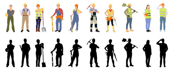 Set of male and female workers with helmets and vests. Workers in different poses and silhouette. Vector flat style illustration isolated on white
