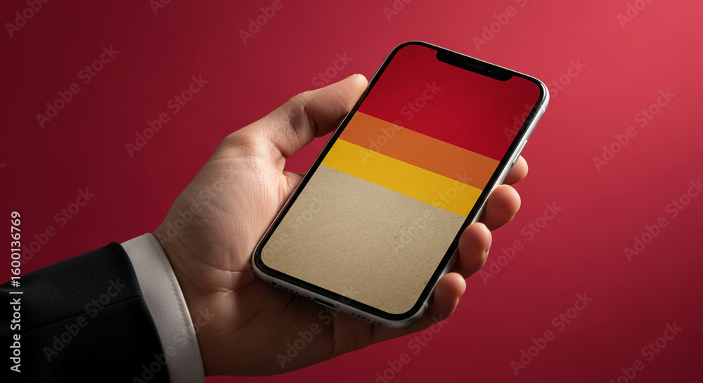 Fototapete hand holding smartphone displaying textured red, orange, yellow and beige color blocks, showcasing a