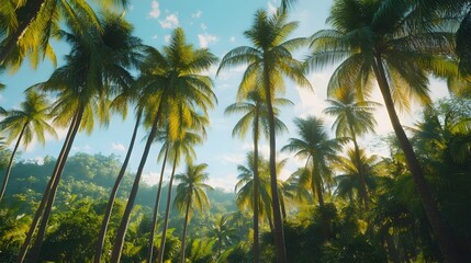 Looking up through lush green palm trees towards a bright blue sky