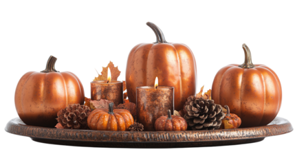 • A fall-themed table setting with pumpkins and candles, isolated on white background in HD 