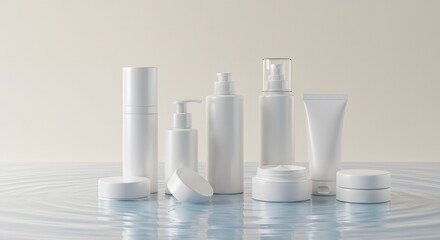 Plastic and glass bottles of perfume, water, and various cosmetic and medical liquids, isolated on white, for beauty and health care