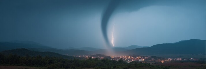 Furious tornado spirals through the night sky above a trembling village, encapsulating the spirit of Tempestuous Tuesday and Chaos Day