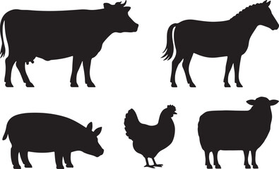 Silhouette farm animals including cow horse pig chicken sheep vector