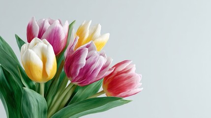 Colorful tulip bouquet whispers spring rebirth, evoking Holland's Tulip Festival and Persian Nowruz, vibrant petals dance gracefully