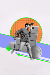 Creative template collage of person run scream megaphone with charts coins on white color background