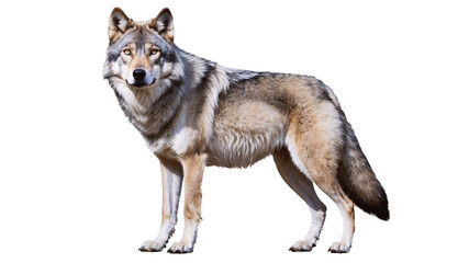 Obraz premium majestic grey wolf stands proudly against a white backdrop, its fur in the natural colors. The creatures piercing eyes reveal a sense of primal wisdom and power, capturing essence untamed wilderness