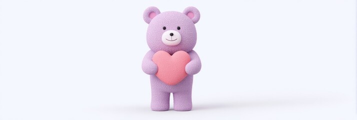 Purple teddy holding pink heart, embodying whimsical warmth of Hug Your Heart Day or Teddy Bear Picnic nostalgia