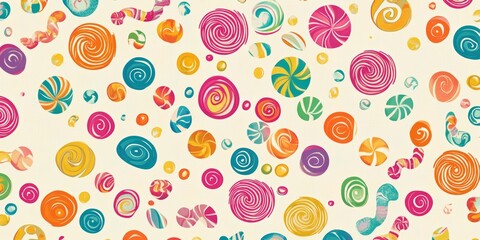 Colorful pattern of candy swirls. The candy swirls are in various colors and sizes. The candy swirls are scattered throughout the image, creating a fun and playful atmosphere