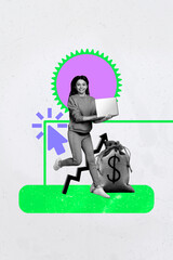 Template collage of young person having money sack use gadget on white background