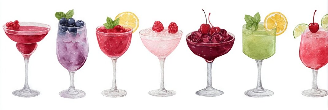 Rainbow cocktail parade, garnished kaleidoscope elegance, vibrant berry mixology, summer soiree essence, celebrates World Cocktail Day, midsummer fiesta