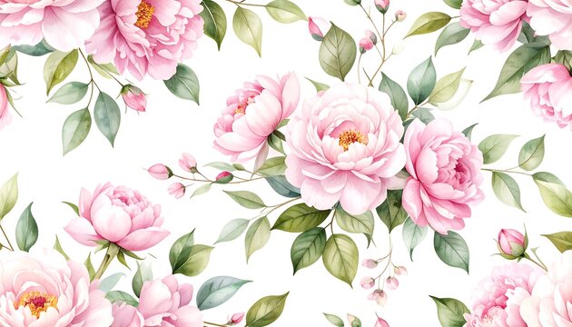 Delicate floral pattern of pink roses and leaves on white background