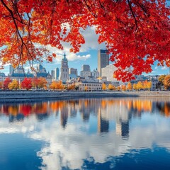 Old Port of Montreal in autumn. Red maples and old Montreal buildings skyline reflected on St. Lawrence River. Fall foliage season in Montreal, Quebec, Canada. 