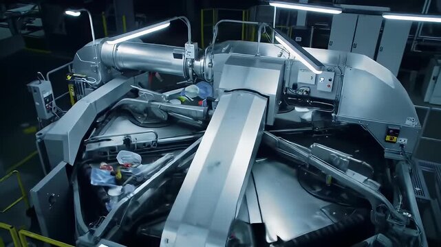 Large shiny metal machine, industrial setting, chutes, wires, overhead lights shine