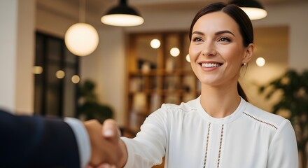 Happy mid-aged business woman handshaking at office meeting, HR hiring recruit at job interview, successful professionals networking and making a contract deal