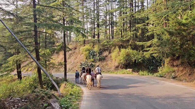 Manali, Himachal Pradesh, India 04 10 2025: cinematic view of full family having house riding in phlegm in Kasmir, India    


