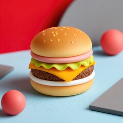 A stylized 3D-rendered cheeseburger sits on a pastel blue surface with gray and red geometric shapes and spheres