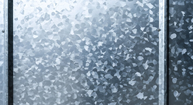 Close up view of a galvanized metal sheet surface with visible frame and screw details