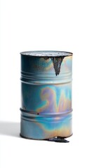 Oil drum oozing tar in ethereal urban decay, evoking Earth Day reflection and industrial transformation metaphor