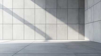 Obraz premium Empty modern interior space with light gray tiled walls and floor.