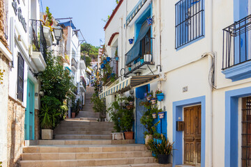 Charming narrow street in Alicante, showcasing colorful buildings adorned with plants and decorative pots. A sunny day enhances the vibrant atmosphere of Santa Cruz.