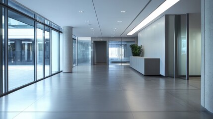 Obraz premium Empty modern office hallway with large windows.