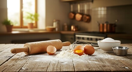 Wooden Table on Blurred Kitchen Background with Cozy Shelf and Modern Minimalist Home Interior Design