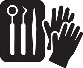 Silhouette vector of a dental tray with gloves, representing dental hygiene, safety, and professional care.