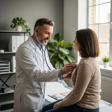 m&eacute;decin auscultant une patiente