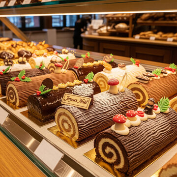 buches de No&euml;l dans la vitrine d'une boulangerie