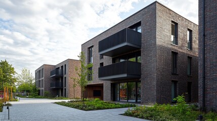 Modern brick apartment buildings in a courtyard setting.