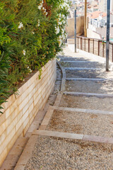 A scenic view of a winding pathway surrounded by lush greenery in Alicante, showcasing a blend of nature and urban architecture on a sunny day.